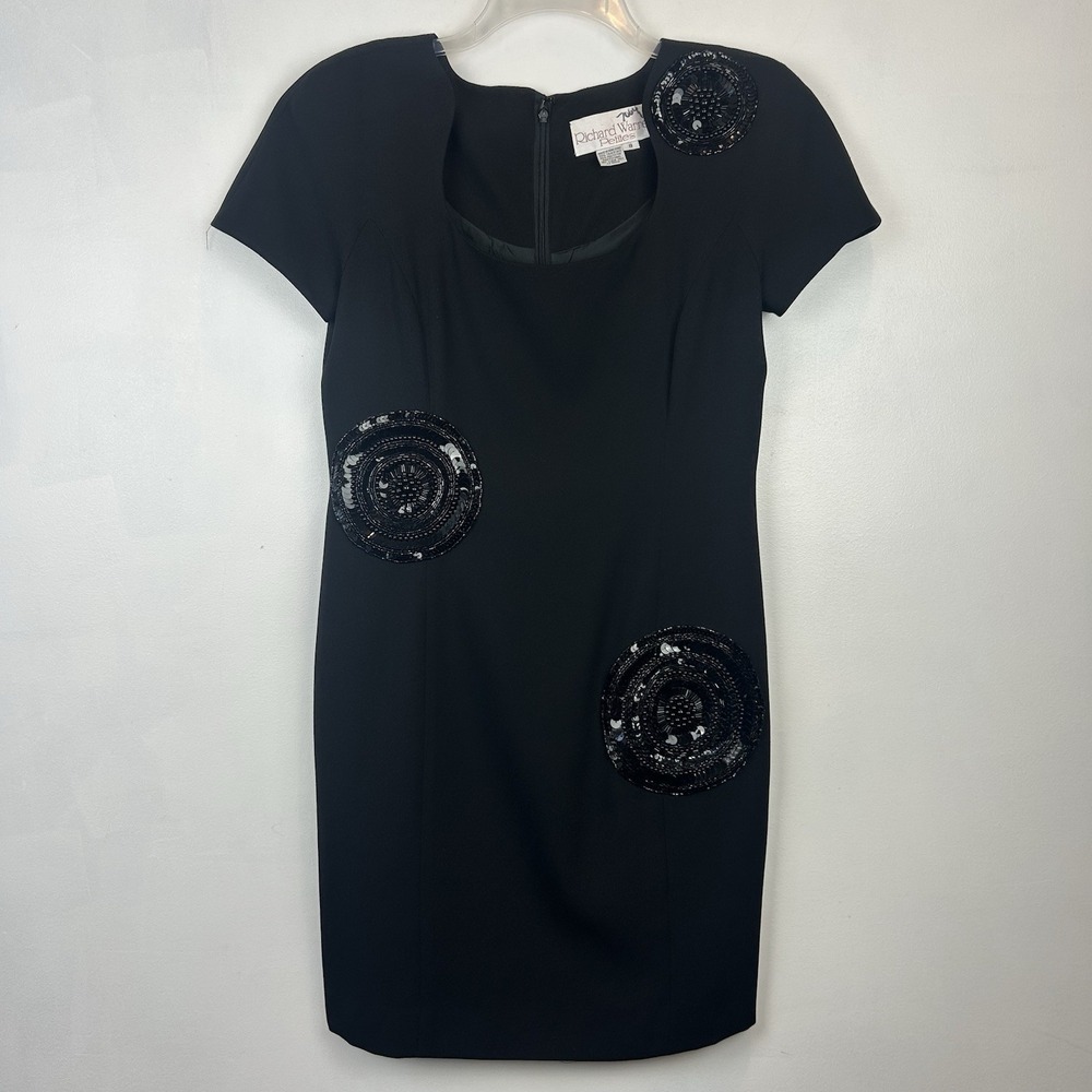 Vintage Warren Petites Cocktail Dress Womens 8 80s Black Knee Sequin Event